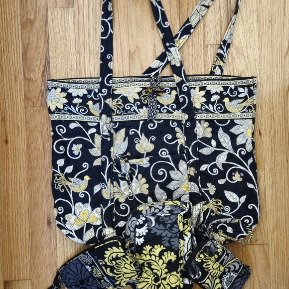 Vera Bradley Black Yellow Button Floral Paisley Tote Bag with Accessories Large - Picture 13 of 16